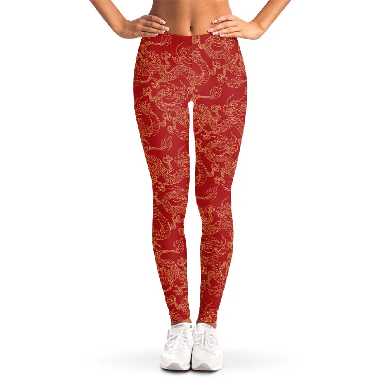 Traditional Chinese Dragon Pattern Print Women's Leggings Fashionable Ribbed Knit Leggings