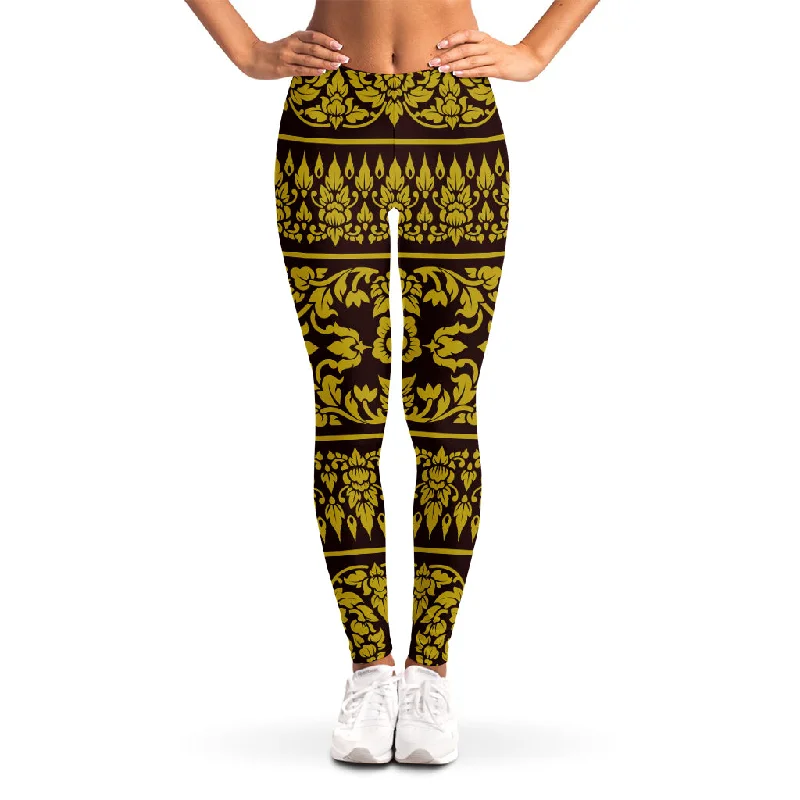 Traditional Thai Flower Pattern Print Women's Leggings Trendy Faux Suede Leggings