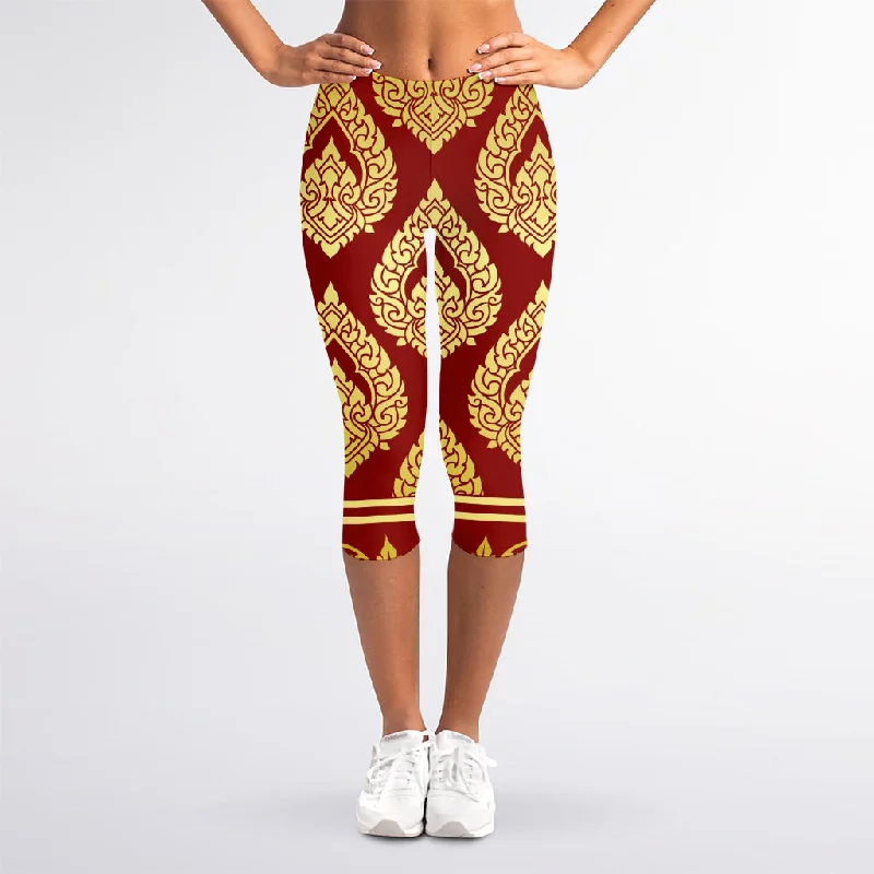 Traditional Thai Pattern Print Women's Capri Leggings Trendy Activewear Leggings