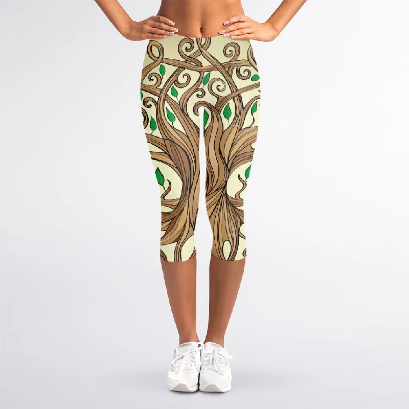 Tree Of Life Celtic Symbol Print Women's Capri Leggings Classic Solid Color Leggings