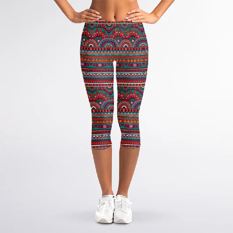 Tribal Ethnic Pattern Print Women's Capri Leggings Trendy Leather-Look Workout Leggings