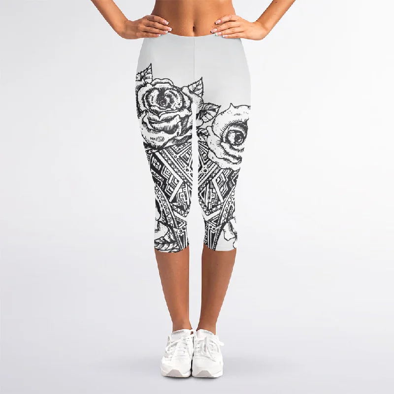 Tribal Indian Bull Skull Print Women's Capri Leggings Trendy Cut-Out Activewear Leggings