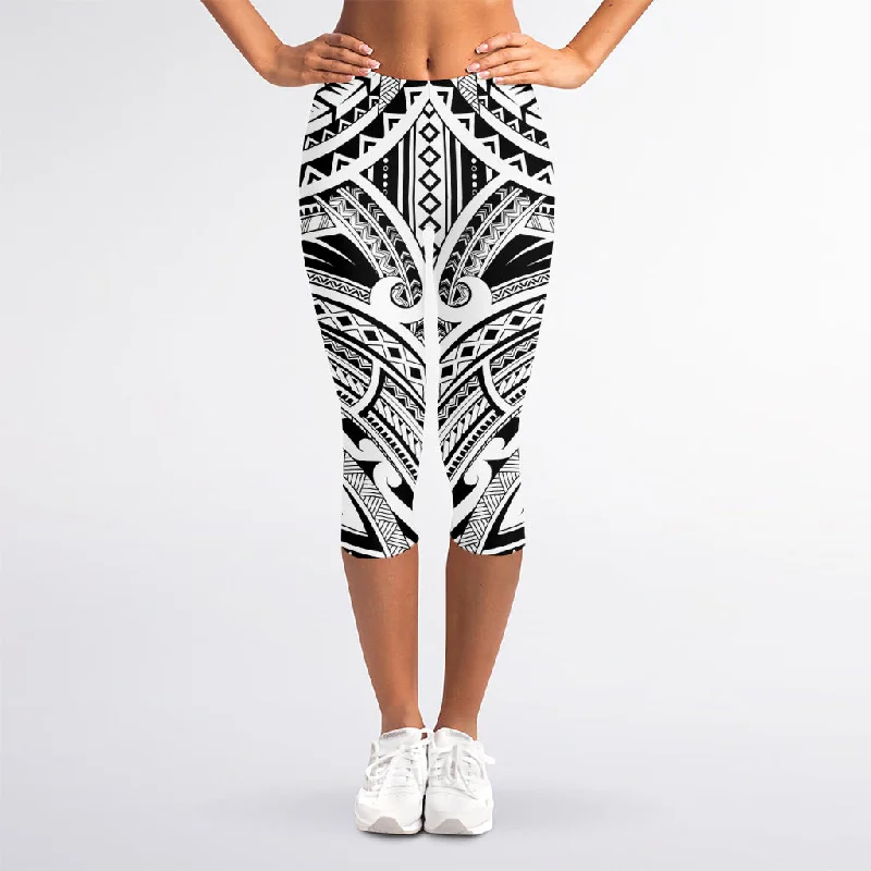 Tribal Maori Polynesian Tattoo Print Women's Capri Leggings Cozy Mid-Rise Workout Leggings