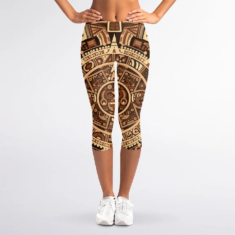 Tribal Maya Calendar Print Women's Capri Leggings Fashionable Minimal Active Leggings