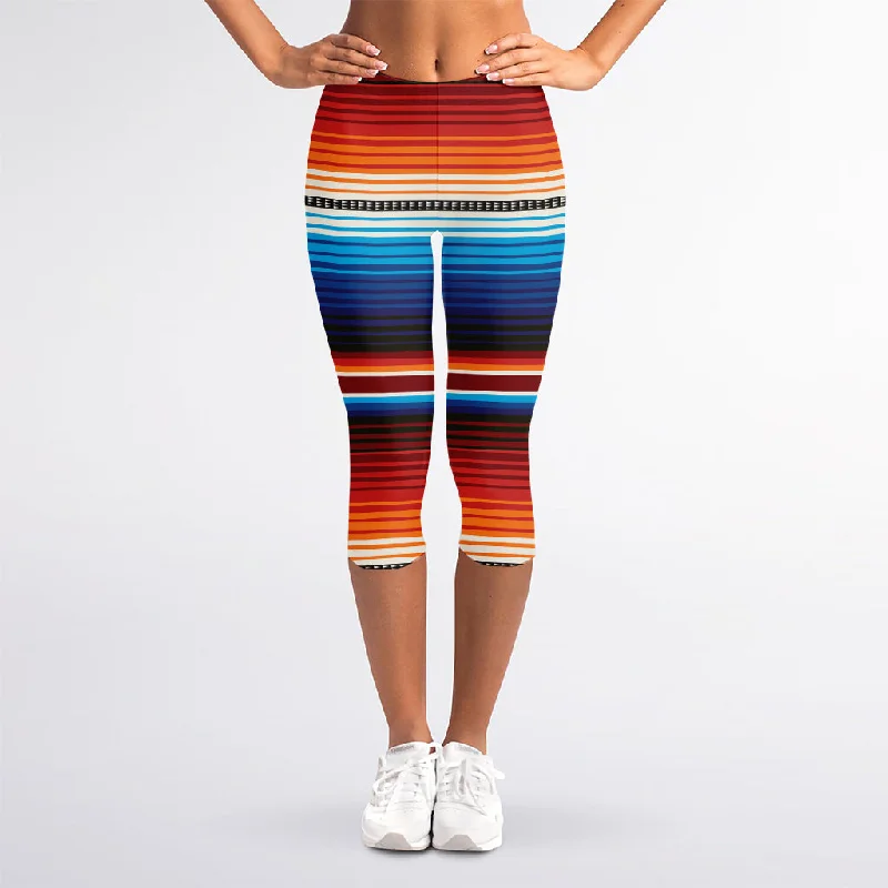 Tribal Mexican Blanket Pattern Print Women's Capri Leggings Stylish Side-Stripe Leggings