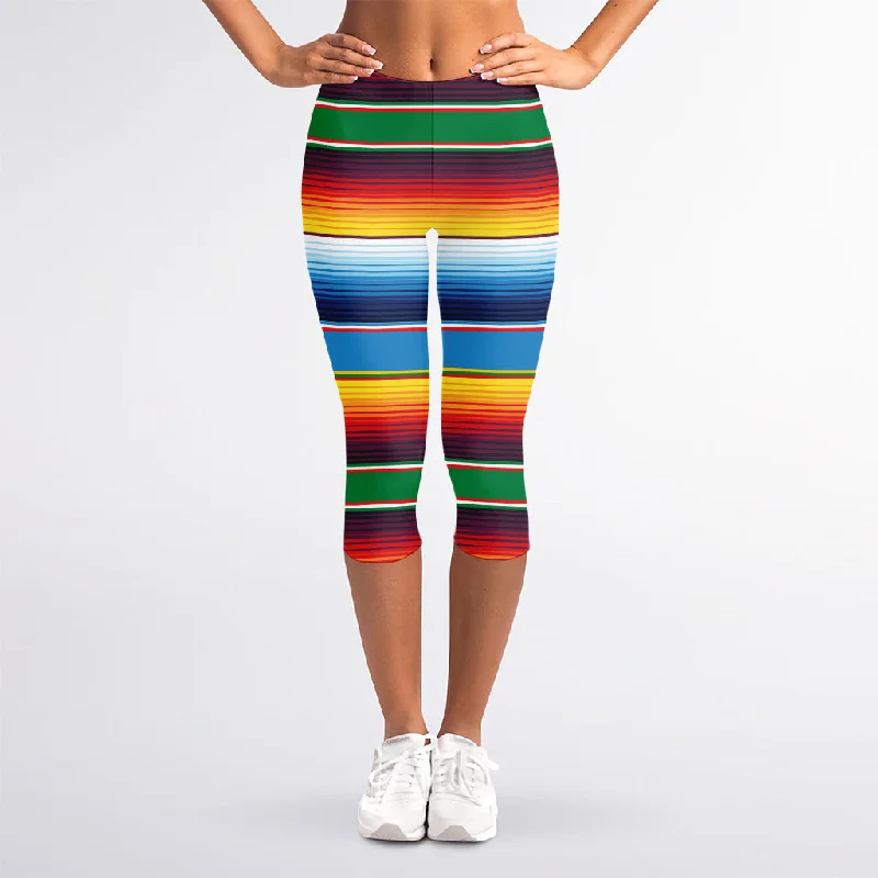 Tribal Mexican Blanket Stripe Print Women's Capri Leggings Stylish Sporty Performance Leggings