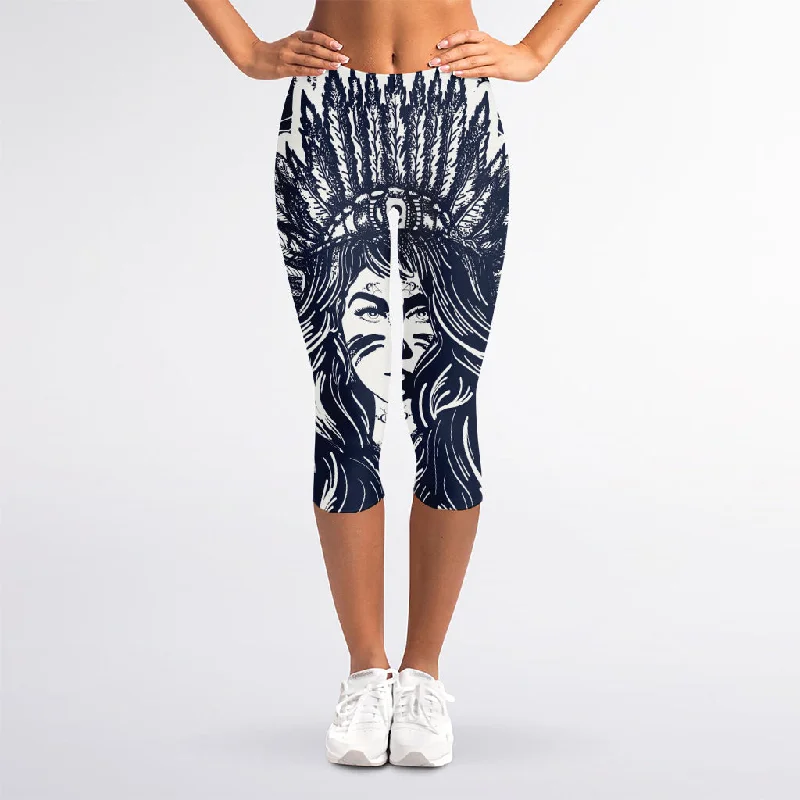 Tribal Native Indian Girl Print Women's Capri Leggings Comfortable Sports Performance Tights