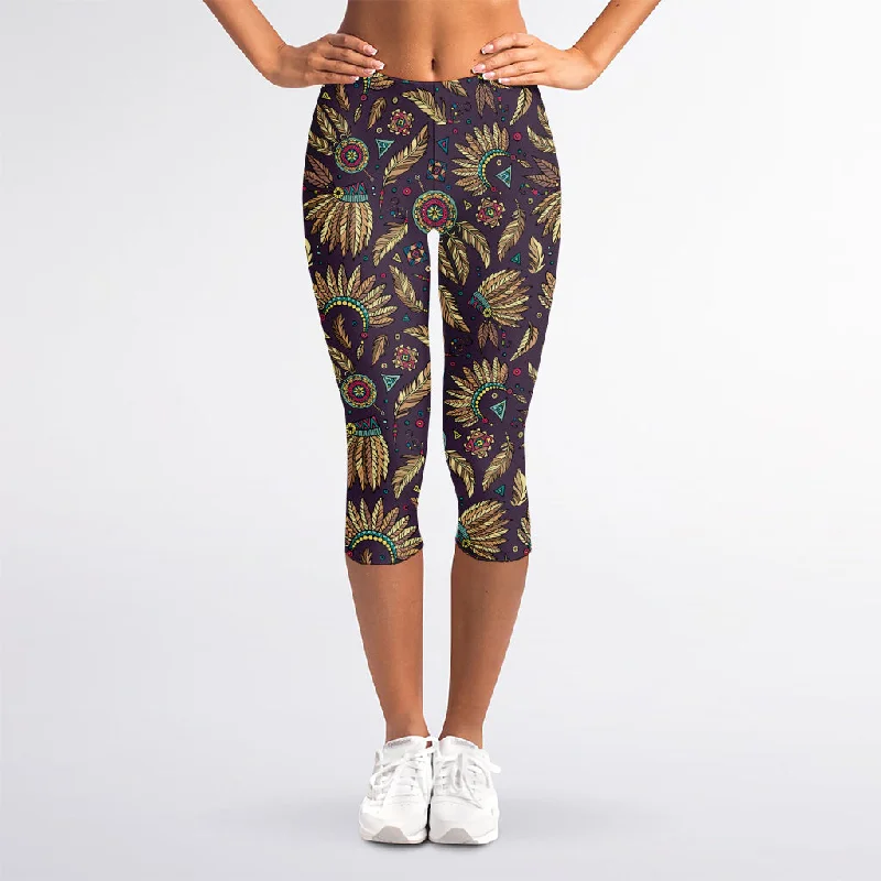 Tribal Native Indian Pattern Print Women's Capri Leggings Stylish Colorful Activewear Leggings