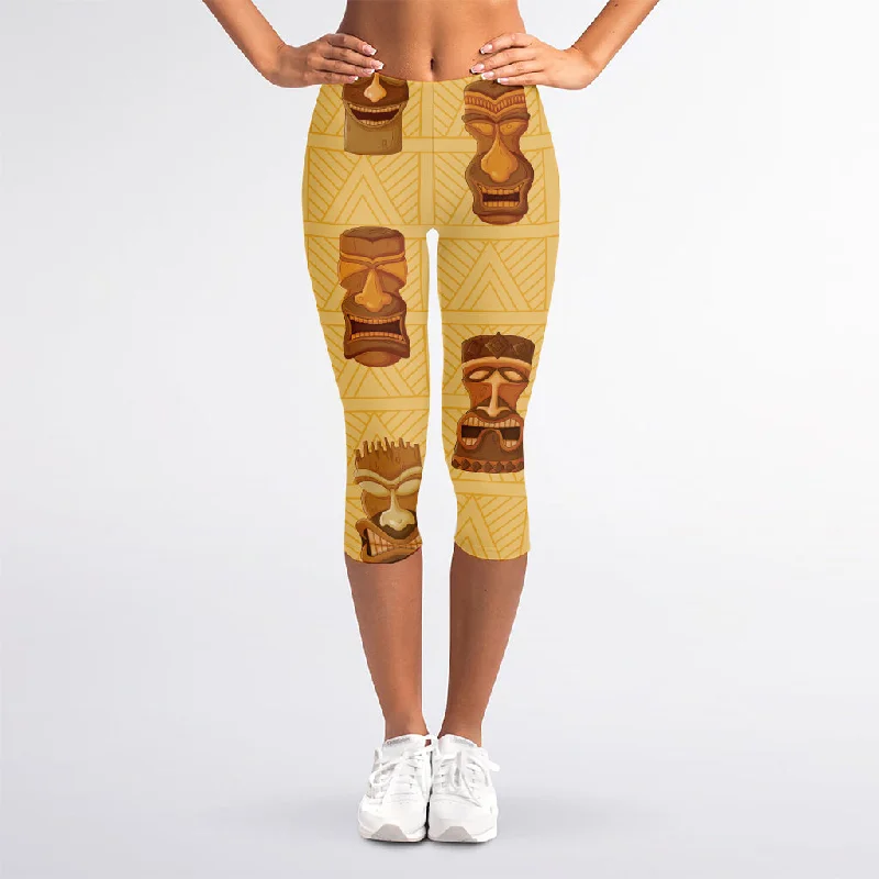 Tribal Tiki Mask Pattern Print Women's Capri Leggings Stylish Compression Fit Leggings