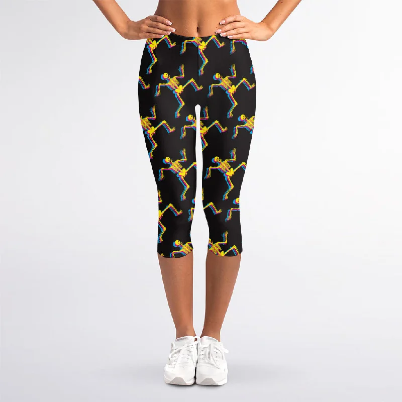 Trippy Dancing Skeleton Pattern Print Women's Capri Leggings Fashionable Solid Color Tights