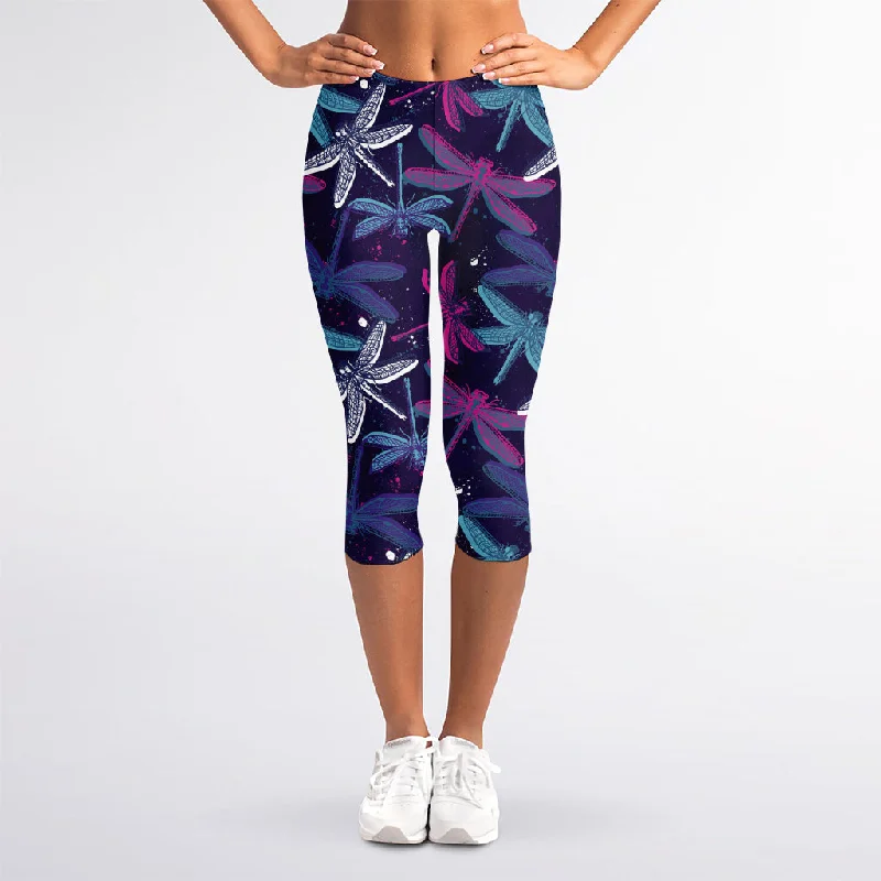 Trippy Dragonfly Pattern Print Women's Capri Leggings Fashionable Sports Compression Leggings