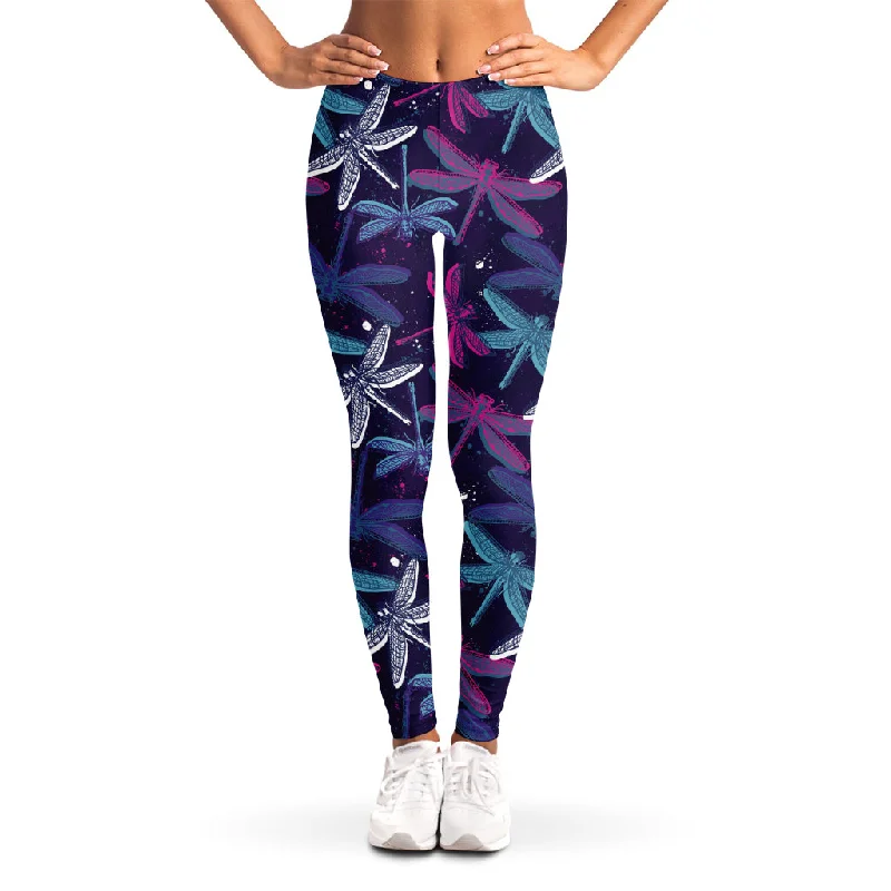 Trippy Dragonfly Pattern Print Women's Leggings Elegant Satin Finish Leggings