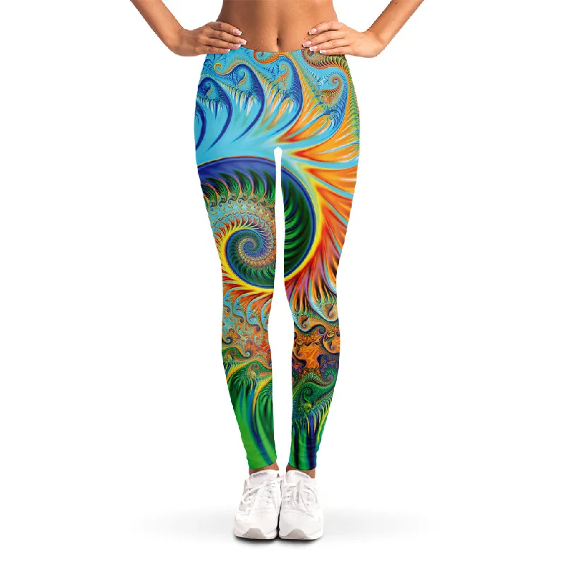 Trippy Fractal Print Women's Leggings Trendy Tie-Dye Leggings