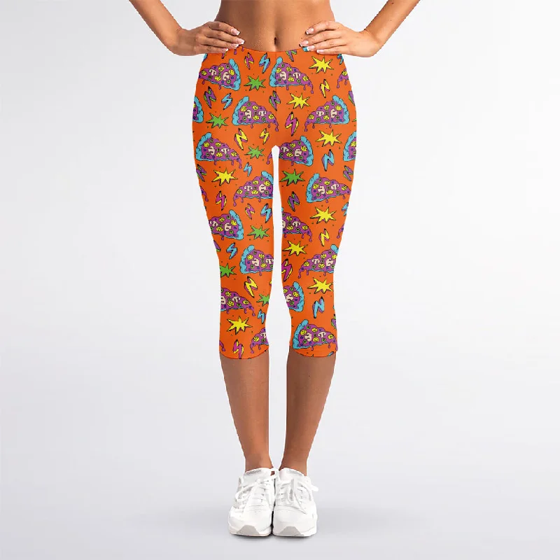 Trippy Pizza Pattern Print Women's Capri Leggings Comfortable Printed Workout Leggings