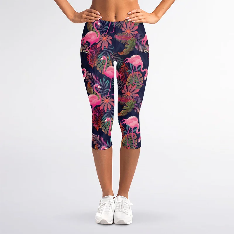 Tropical Flamingo Aloha Pattern Print Women's Capri Leggings Trendy Sports Performance Leggings