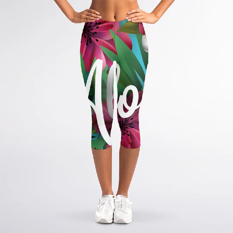 Tropical Flower Aloha Print Women's Capri Leggings Elegant Satin Finish Leggings