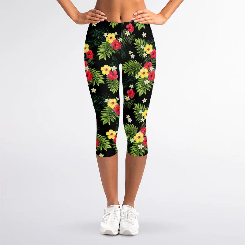 Tropical Hibiscus Aloha Pattern Print Women's Capri Leggings Fashionable Tummy Control Leggings