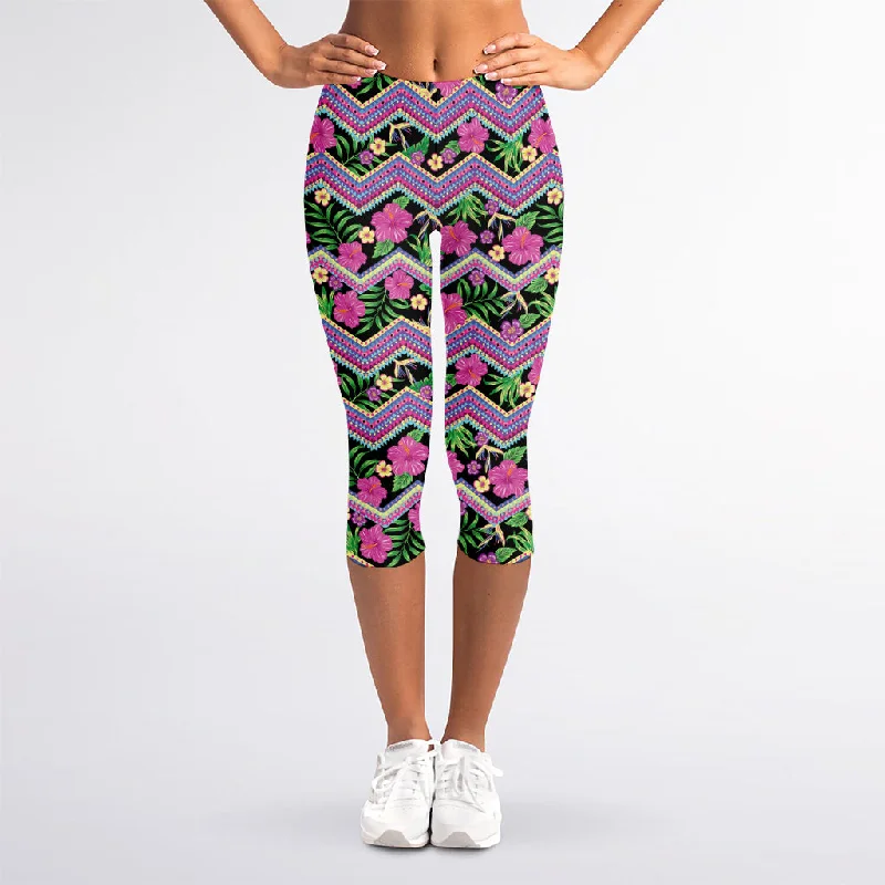 Tropical Hibiscus Flowers Aztec Print Women's Capri Leggings Stylish Printed Stretch Leggings