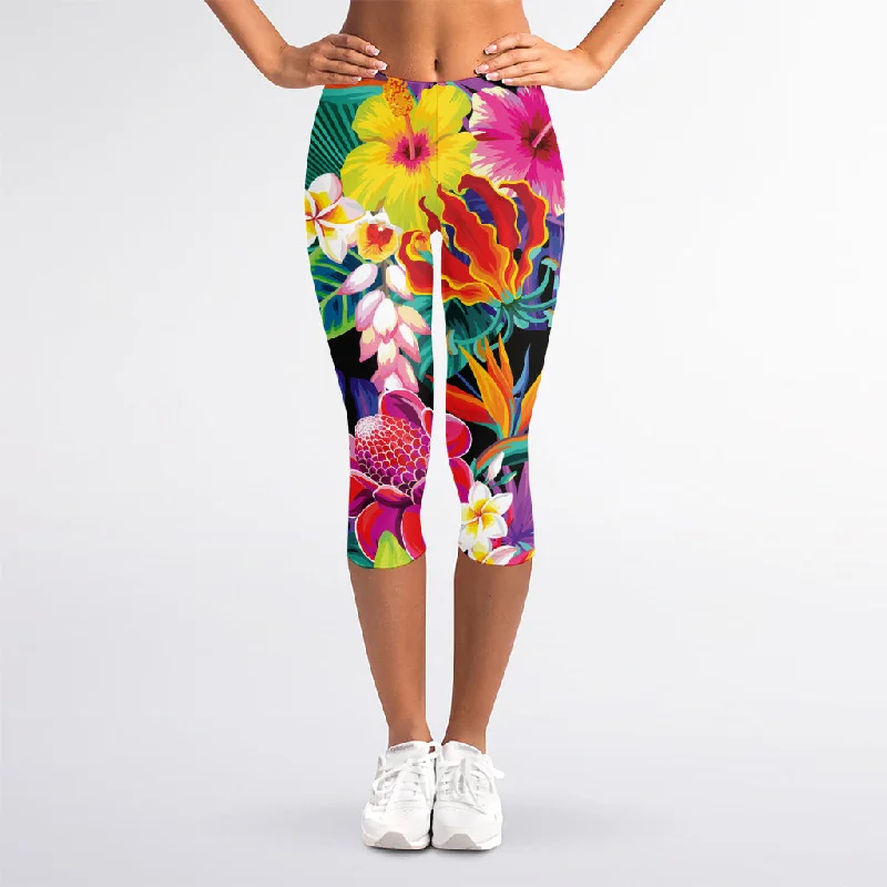 Tropical Hummingbird Print Women's Capri Leggings Trendy Activewear Leggings