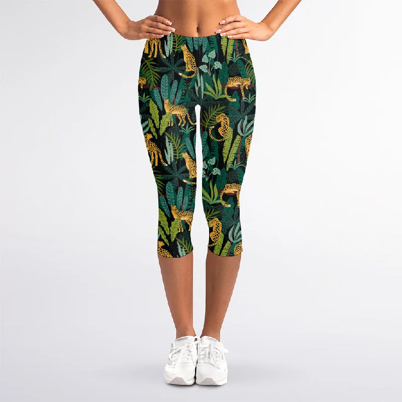 Tropical Jaguar Pattern Print Women's Capri Leggings Fashionable Leather-Look Leggings