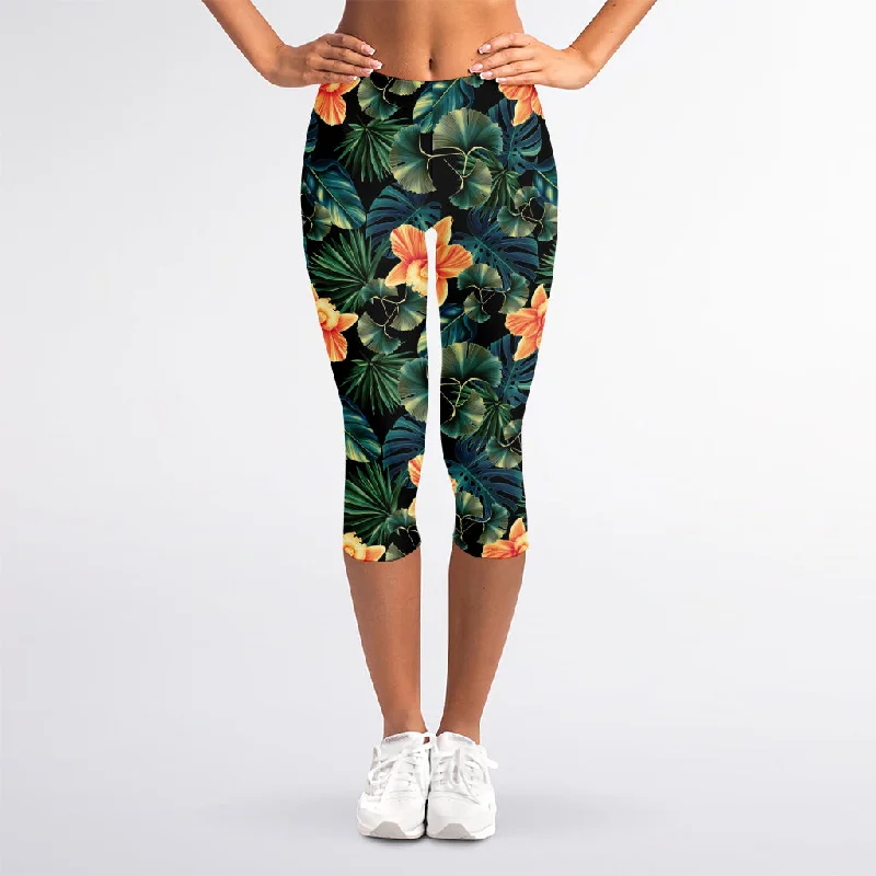 Tropical Leaf And Hawaiian Flower Print Women's Capri Leggings Trendy Full-Length Leggings