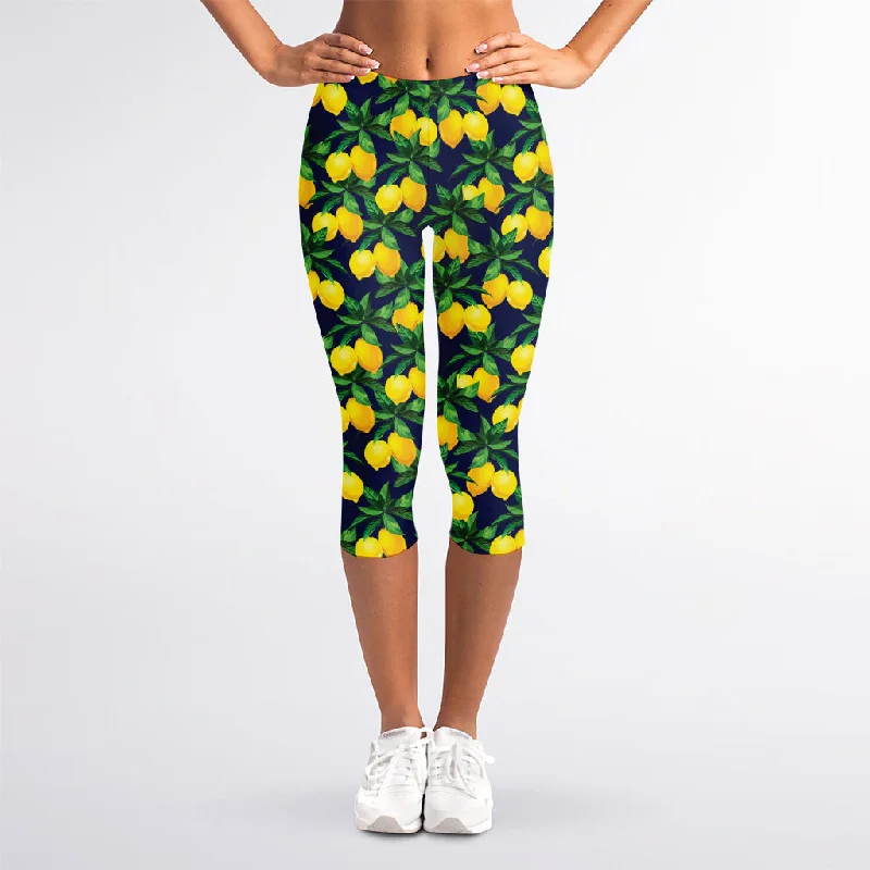 Tropical Lemon Pattern Print Women's Capri Leggings Comfortable Athletic Tights