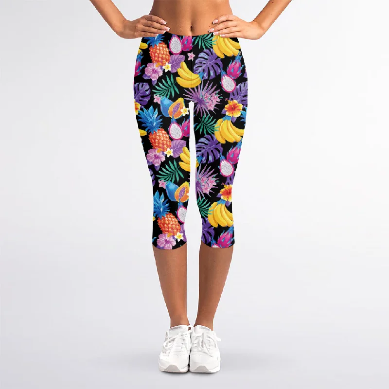 Tropical Palm And Hawaiian Fruits Print Women's Capri Leggings Elegant Casual Fit Leggings