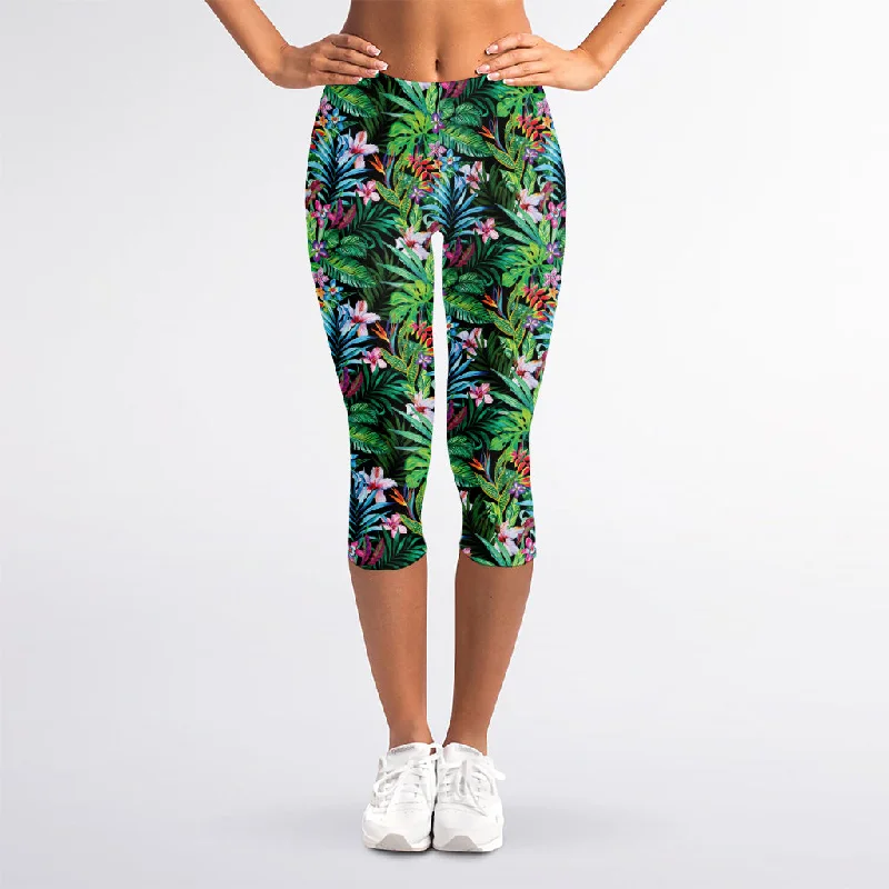 Tropical Palm And Hibiscus Print Women's Capri Leggings Stylish Lightweight Leggings