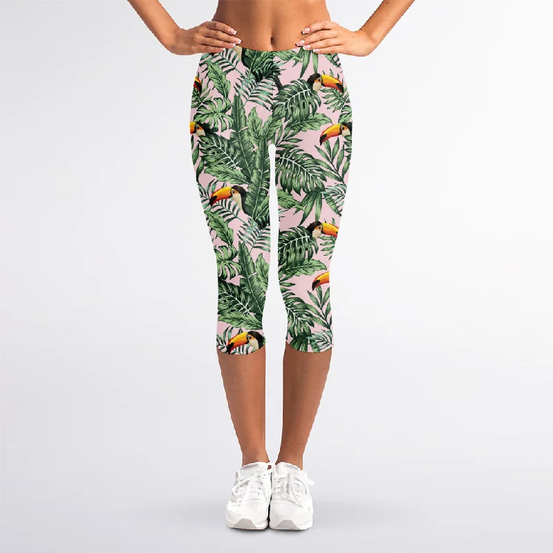 Tropical Palm Leaf And Toucan Print Women's Capri Leggings Stylish Side-Stripe Leggings