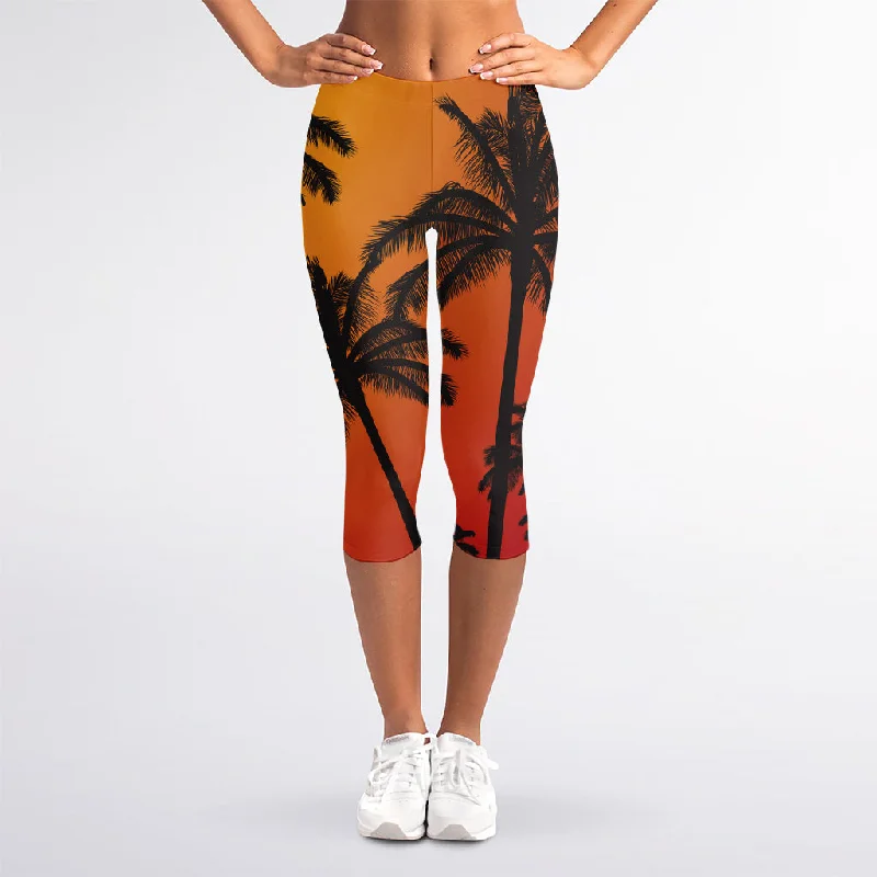 Tropical Palm Tree Sunset Print Women's Capri Leggings Trendy Leather-Look Workout Leggings