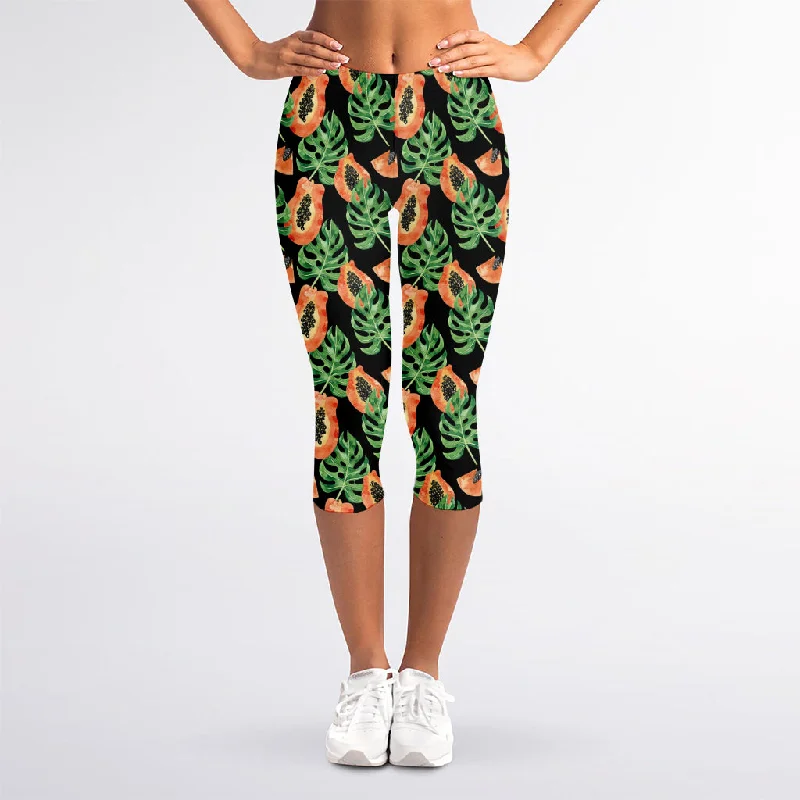 Tropical Papaya Pattern Print Women's Capri Leggings Comfortable Sports Performance Tights