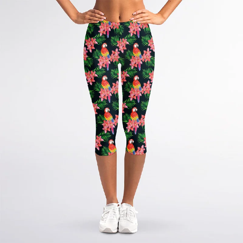 Tropical Parrot Pattern Print Women's Capri Leggings Stylish Capri Leggings