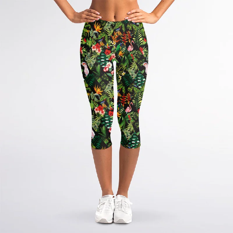 Tropical Patchwork Pattern Print Women's Capri Leggings Fashionable Solid Color Tights