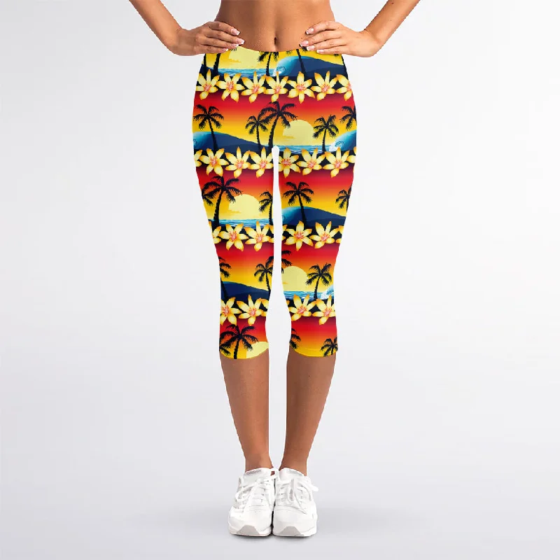 Tropical Sunset Pattern Print Women's Capri Leggings Trendy High-Waist Tummy Control Leggings