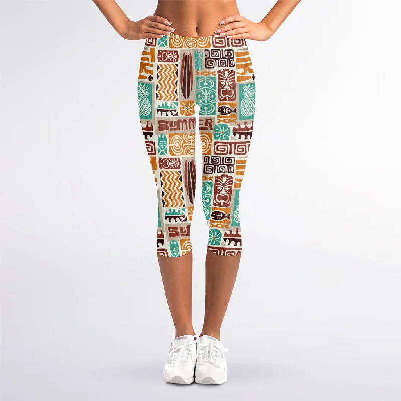 Tropical Tiki Pattern Print Women's Capri Leggings Cozy Reflective Detail Leggings