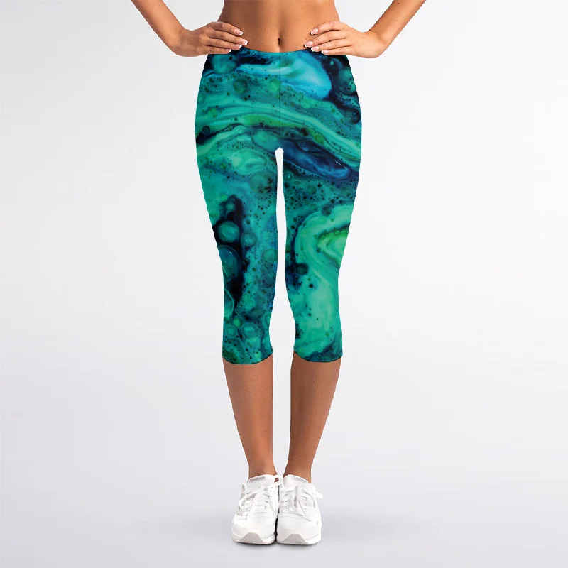 Turquoise Acid Melt Print Women's Capri Leggings Trendy Foil Finish Leggings