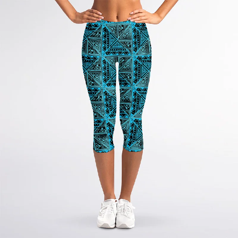 Turquoise African Ethnic Pattern Print Women's Capri Leggings Chic Velvet Soft Leggings