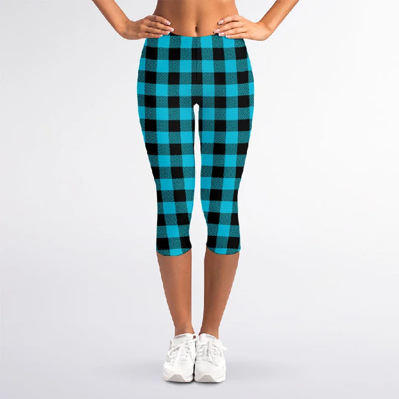 Turquoise And Black Buffalo Check Print Women's Capri Leggings Trendy Side-Pocket Leggings