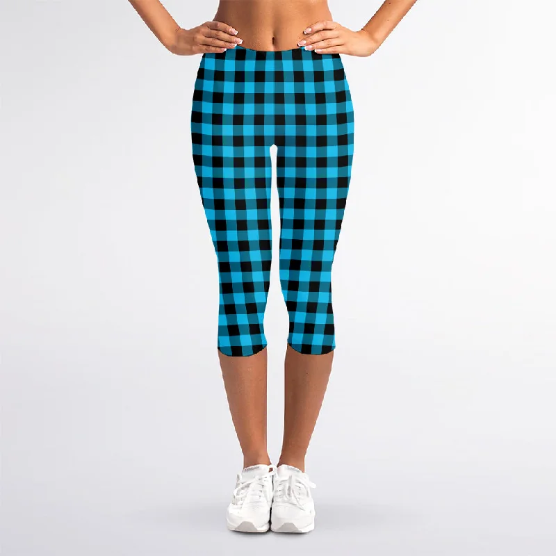 Turquoise And Black Check Pattern Print Women's Capri Leggings Comfortable Capri-Length Leggings