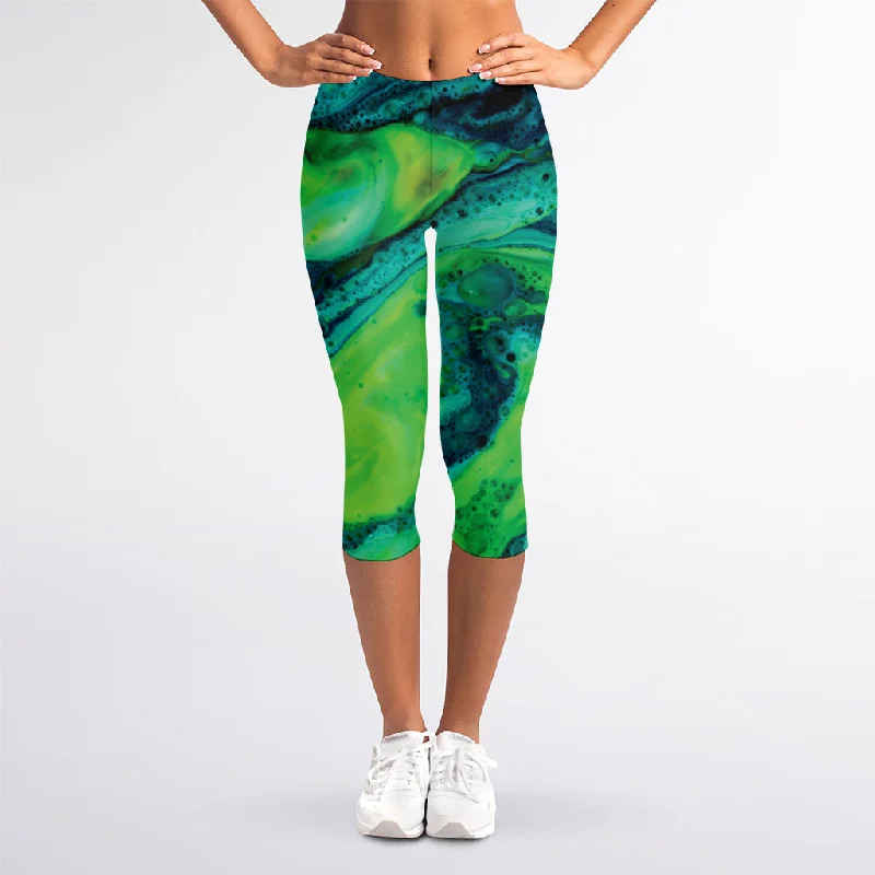 Turquoise And Green Acid Melt Print Women's Capri Leggings Elegant Stretchy Faux Leather Leggings