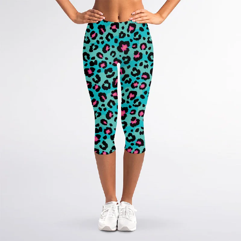 Turquoise And Pink Leopard Print Women's Capri Leggings Casual Black Leggings