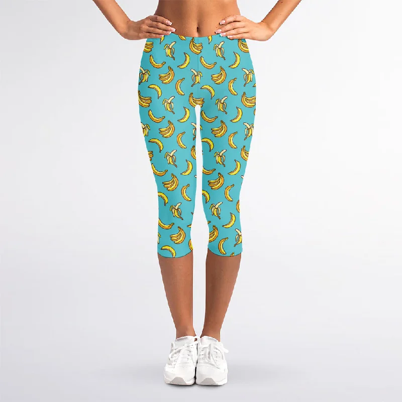 Turquoise Banana Pattern Print Women's Capri Leggings Chic Floral Print Leggings