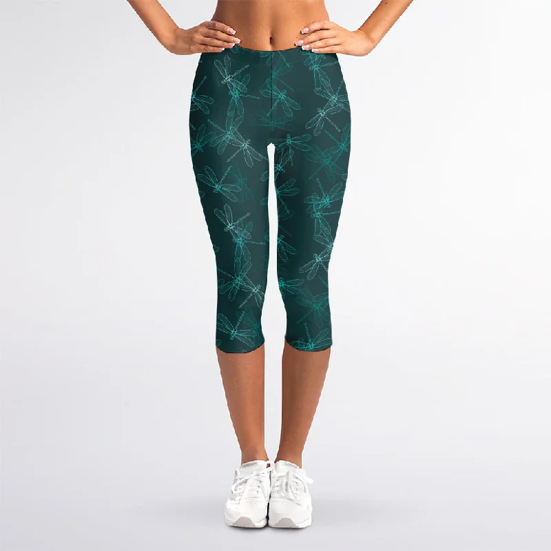 Turquoise Dragonfly Pattern Print Women's Capri Leggings Trendy Mesh Leggings