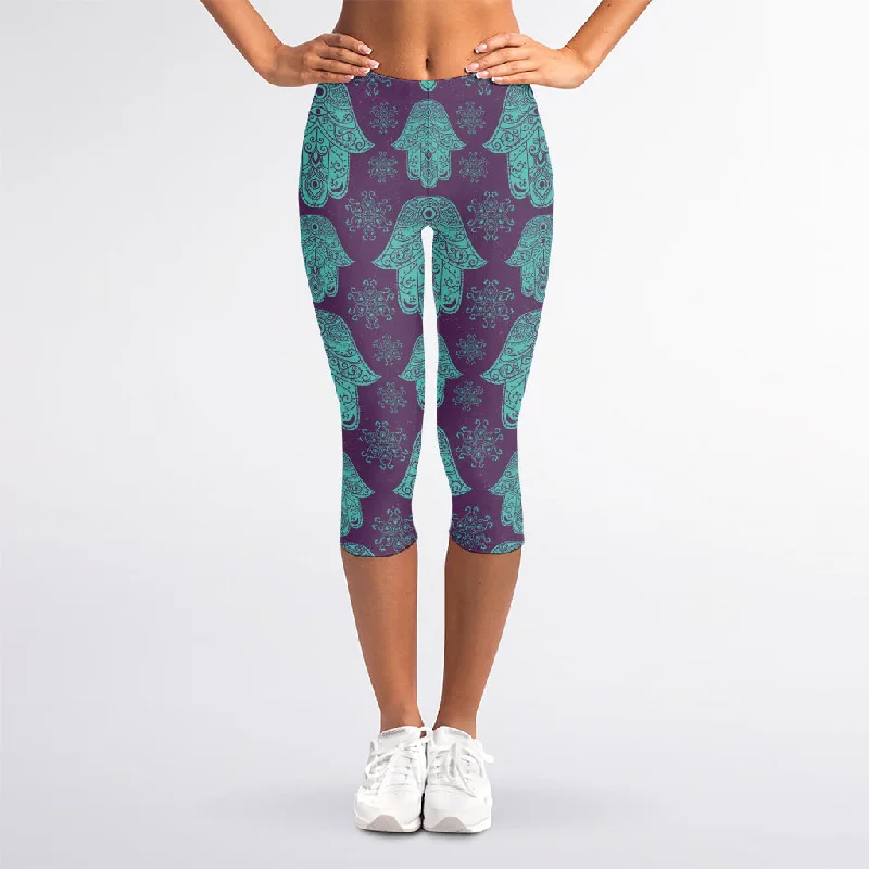 Turquoise Hamsa Pattern Print Women's Capri Leggings Elegant Velvet Leggings