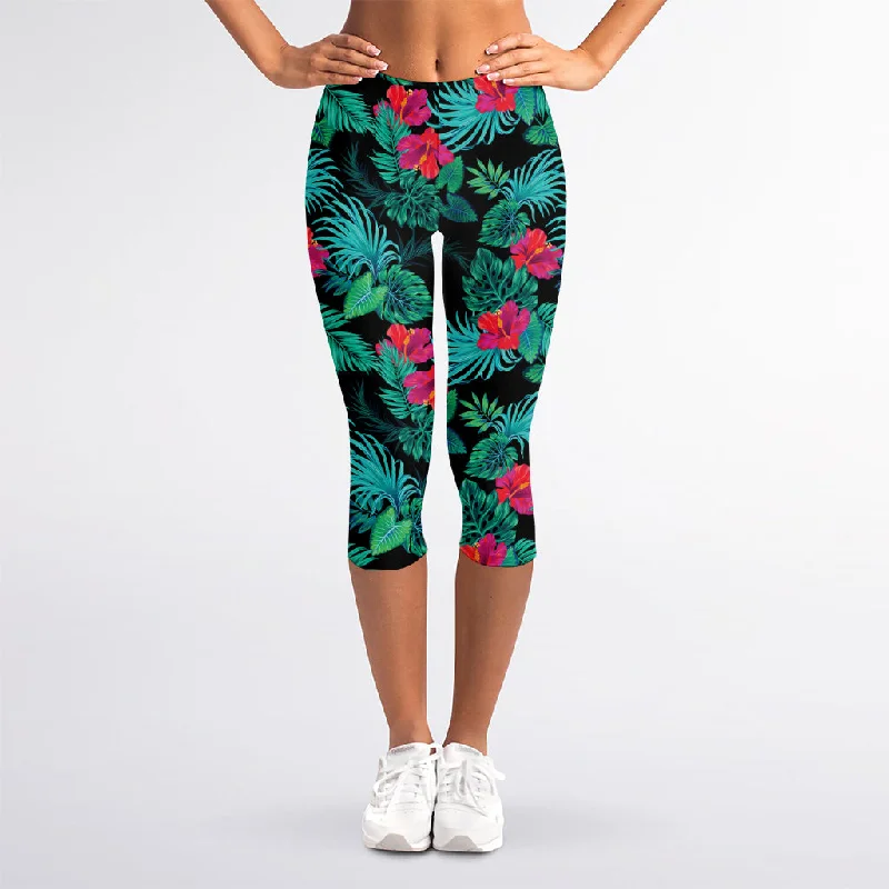 Turquoise Hawaiian Palm Leaves Print Women's Capri Leggings Fashionable Lacy Detail Leggings