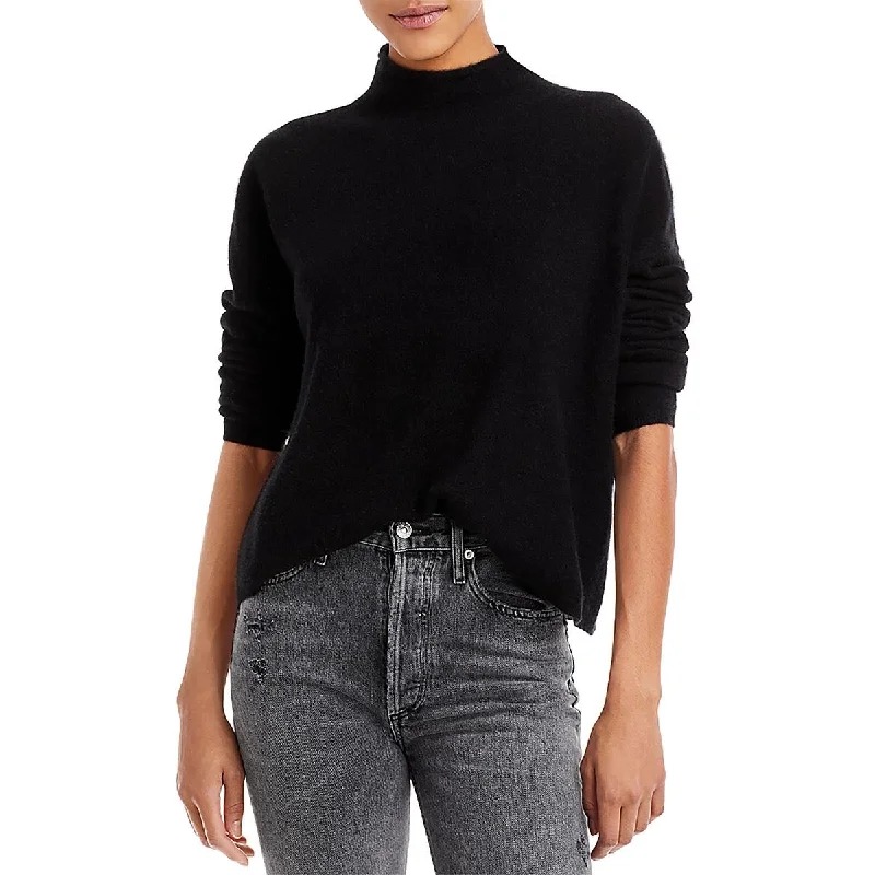 Womens Cashmere Ribbed Trim Funnel-Neck Sweater High Neck Crew Neck V-Neck