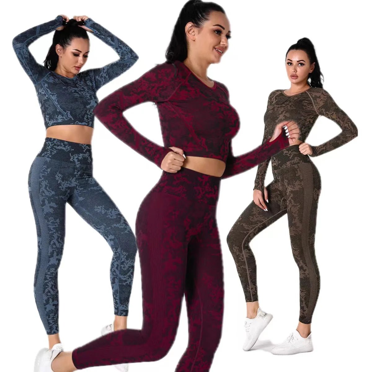 Stylish Women's Jacquard Leggings Set with Long Sleeve Camo Top for Yoga and Fitness Comfortable Slim Fit Leggings