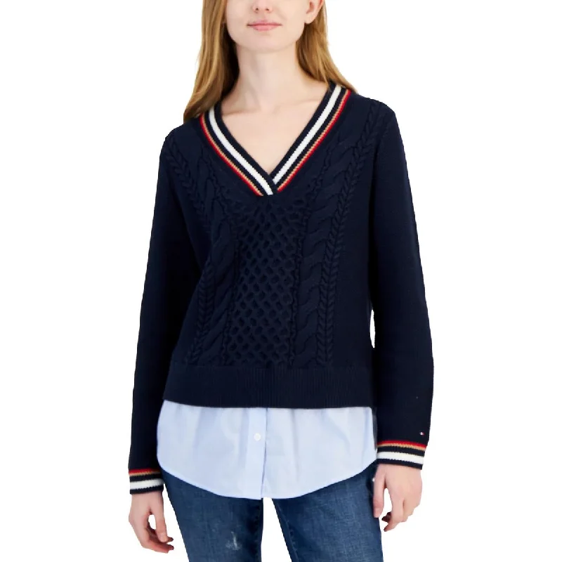 Womens Striped Trim Long Sleeve V-Neck Sweater Denim Fabric Leather Fabric Suede Fabric