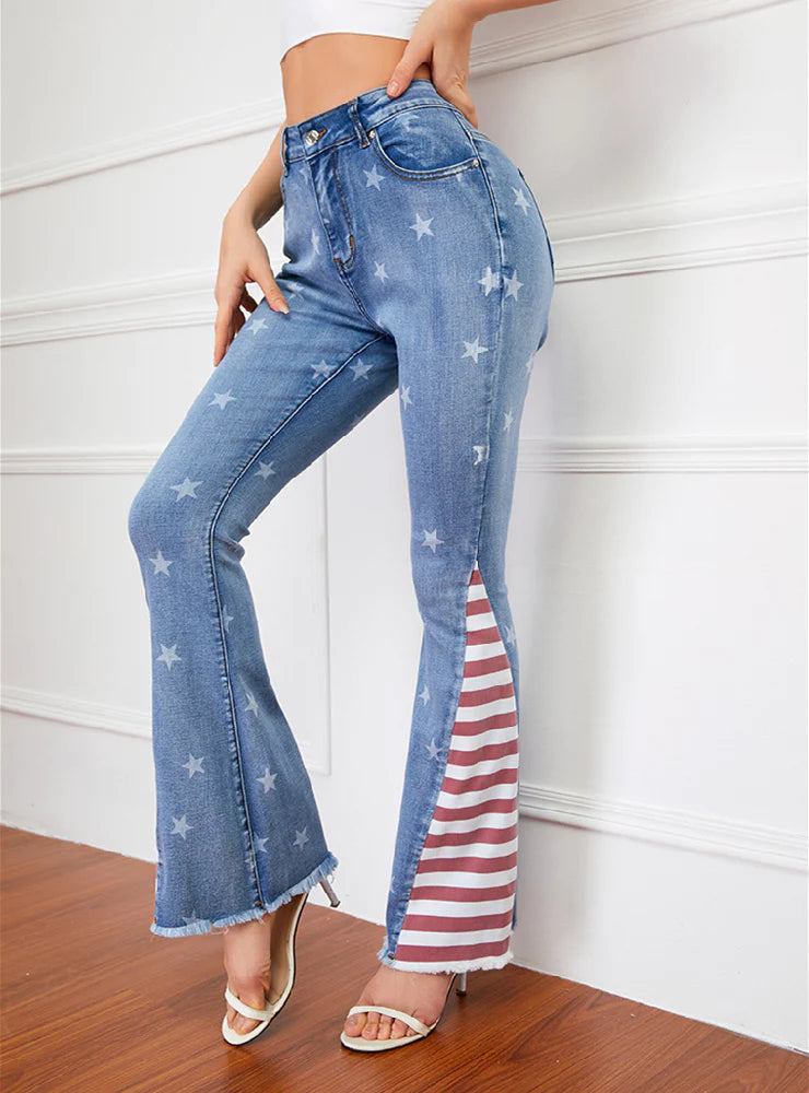 COLOR MATCHING STRIPED PRINTED STAR PATTERN BELL JEANS Comfortable Jogger Style Jeans