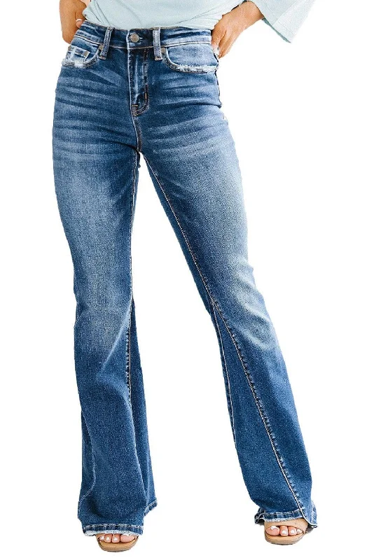 Blue Medium Wash High Rise Flare Jeans Elegant Wide-Leg Jeans